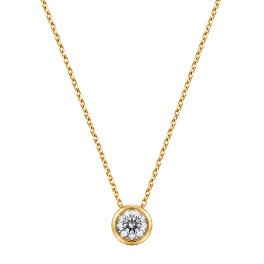 18ct yellow gold diamond pendant featuring a 0.70ct G colour VS2 clarity round brilliant cut diamond in a polished rub over setting