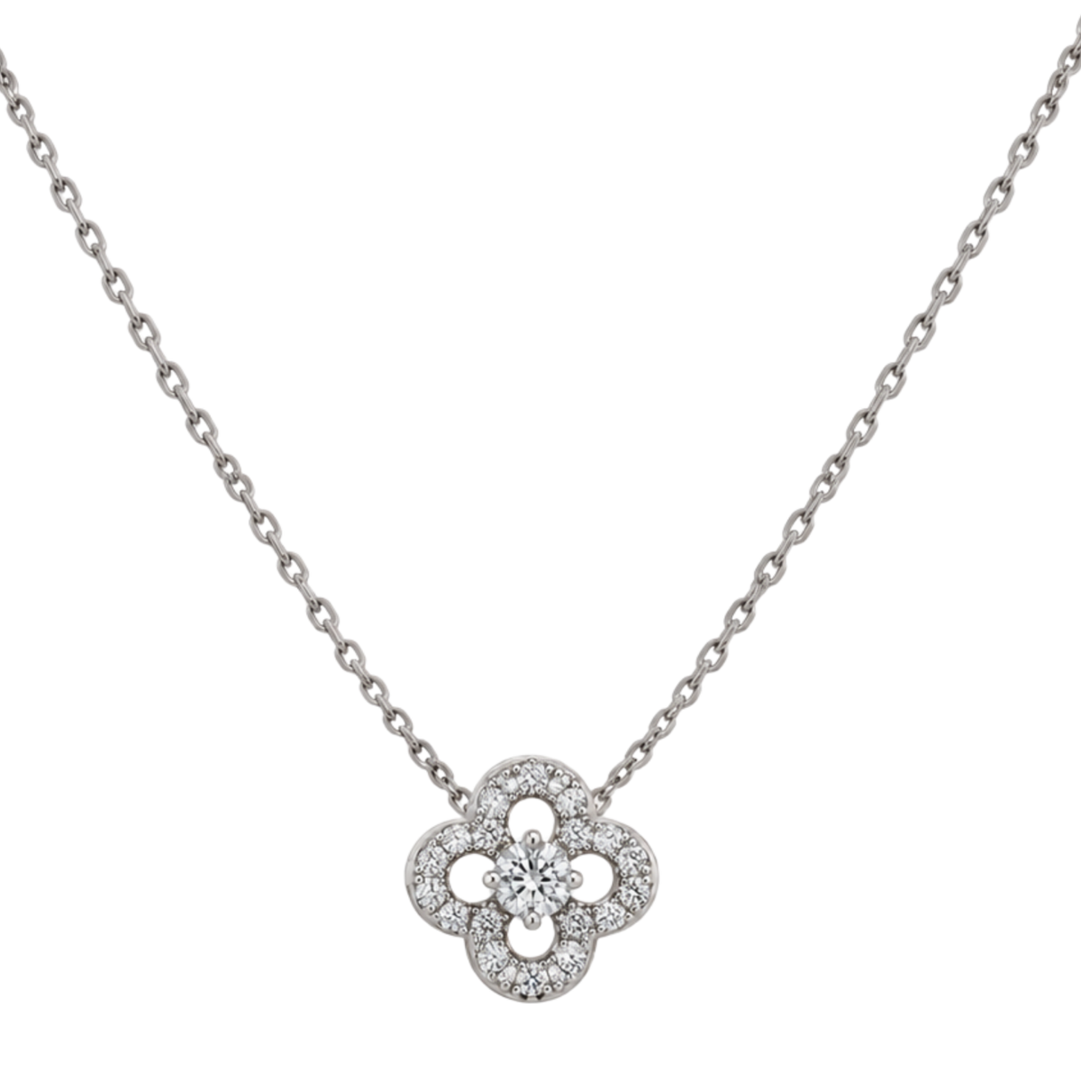 18ct white gold diamond clover pendant necklace featuring a GIA certified 0.25ct E VS2 centre diamond surrounded by 0.14ct of round brilliant cut diamonds