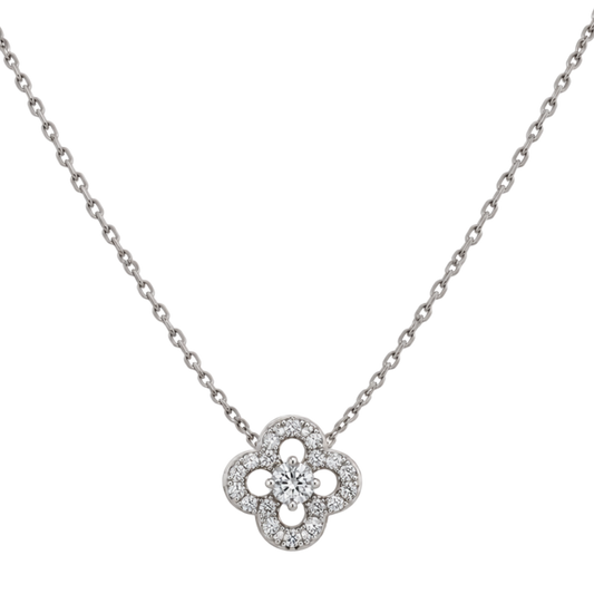 18ct white gold diamond clover pendant necklace featuring a GIA certified 0.25ct E VS2 centre diamond surrounded by 0.14ct of round brilliant cut diamonds