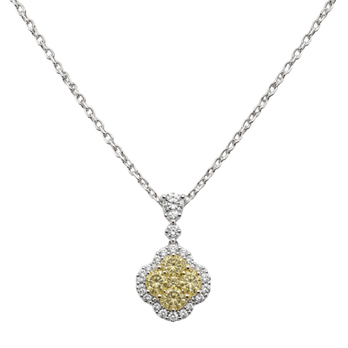 18ct white gold yellow and white diamond clover pendant featuring a 0.18ct princess cut yellow diamond surrounded by oval yellow and brilliant cut white diamonds