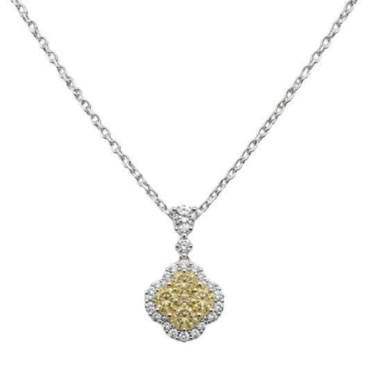 18ct white gold yellow and white diamond clover pendant featuring a 0.18ct princess cut yellow diamond surrounded by oval yellow and brilliant cut white diamonds