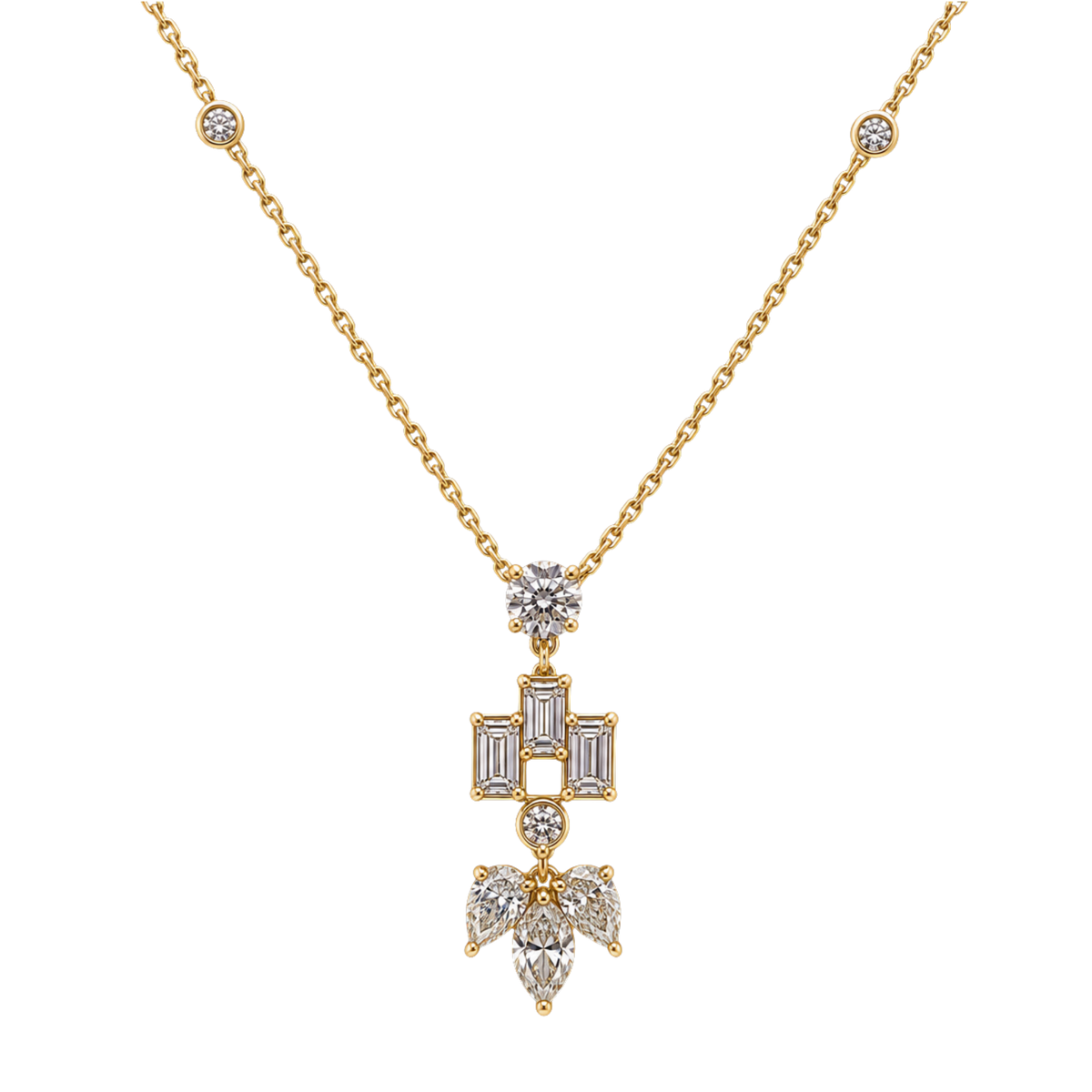 18ct yellow gold diamond multi-stone pendant necklace featuring 2.14ct of round brilliant, baguette, marquise and pear shaped diamonds