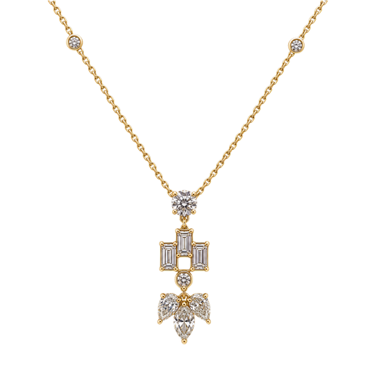 18ct yellow gold diamond multi-stone pendant necklace featuring 2.14ct of round brilliant, baguette, marquise and pear shaped diamonds