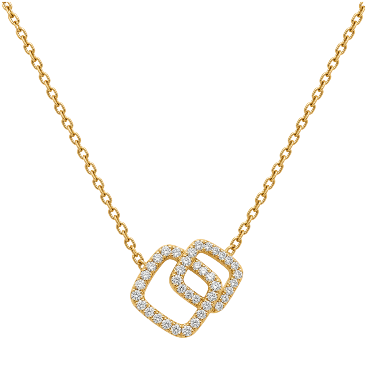 18ct yellow gold interlocking square pendant necklace featuring 0.49ct of round brilliant cut diamonds in a contemporary geometric design