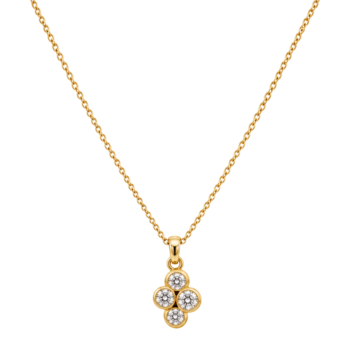 18ct yellow gold diamond cluster pendant necklace featuring 0.69ct of G SI round brilliant cut diamonds in elegant rub over settings