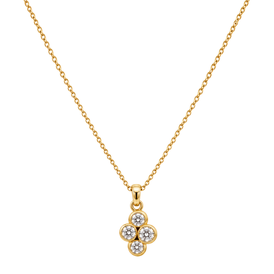 18ct yellow gold diamond cluster pendant necklace featuring 0.69ct of G SI round brilliant cut diamonds in elegant rub over settings