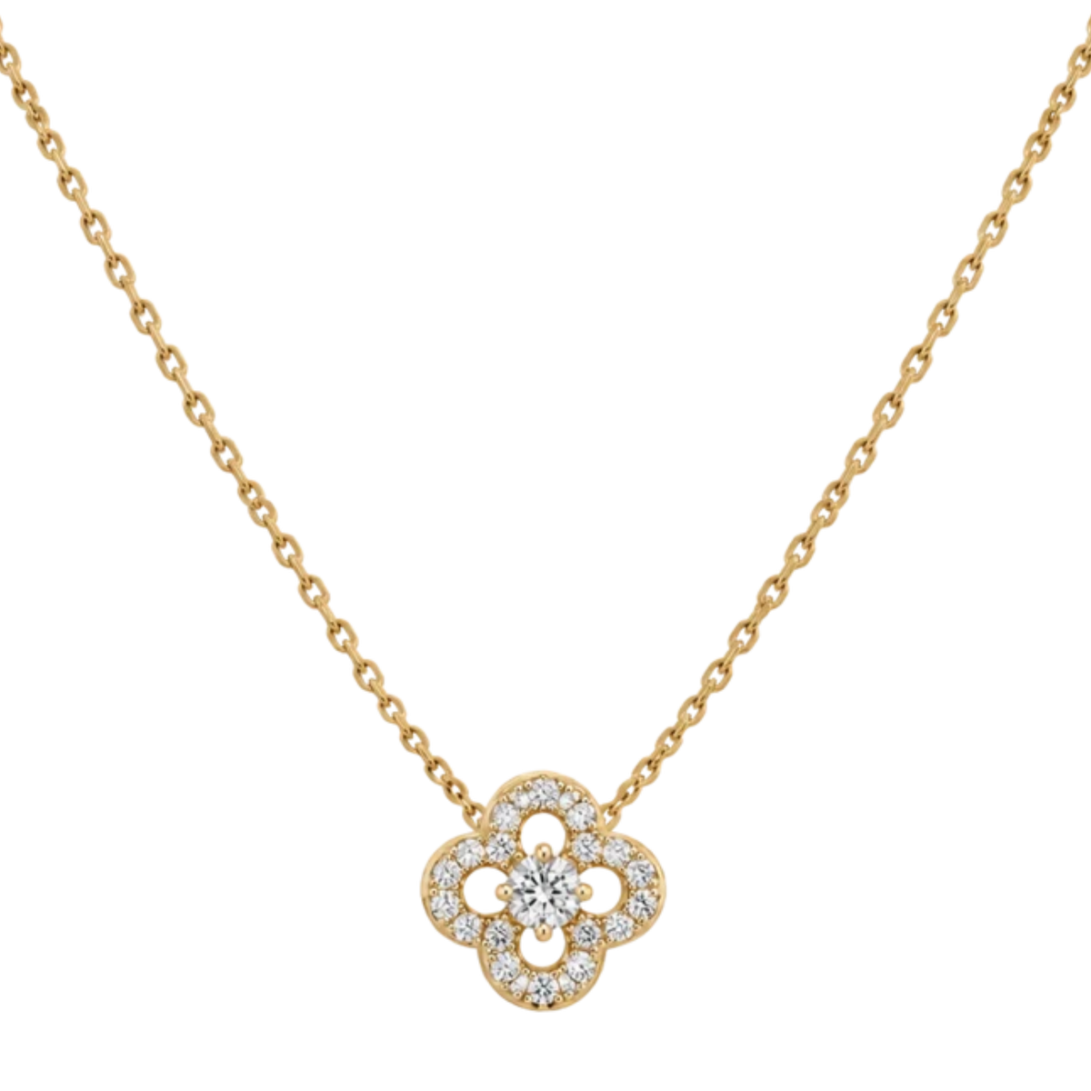 18ct yellow gold diamond clover pendant necklace featuring a GIA certified 0.26ct E VS1 centre diamond surrounded by 0.14ct of brilliant cut diamonds