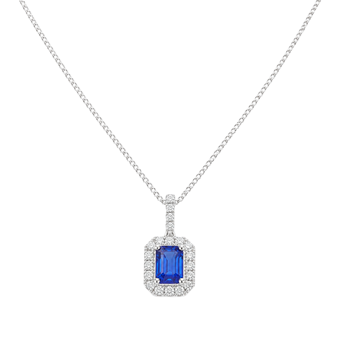 Blue Sapphire and Diamond Cluster Pendant in 18ct White Gold on a transparent background