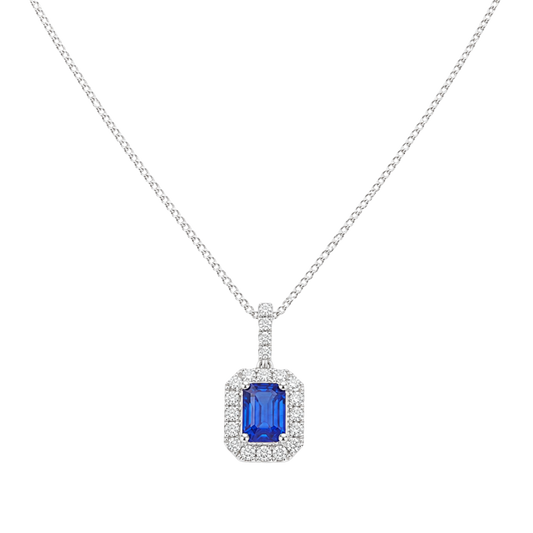 Blue Sapphire and Diamond Cluster Pendant in 18ct White Gold on a transparent background