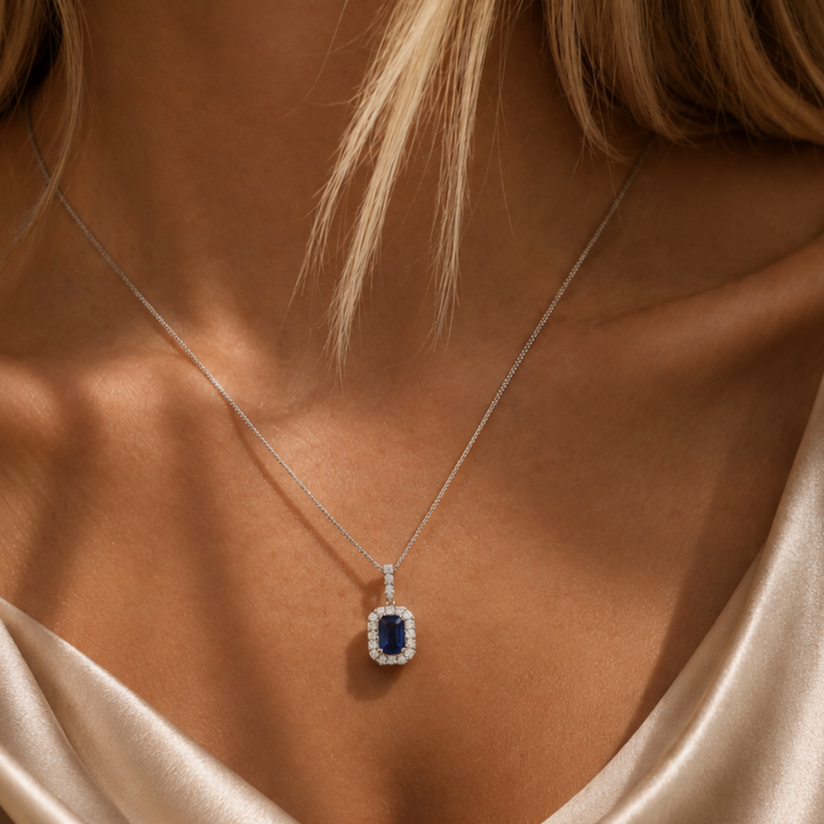 Blue Sapphire and Diamond Cluster Pendant in 18ct White Gold On A Lister Horsfall Modal 