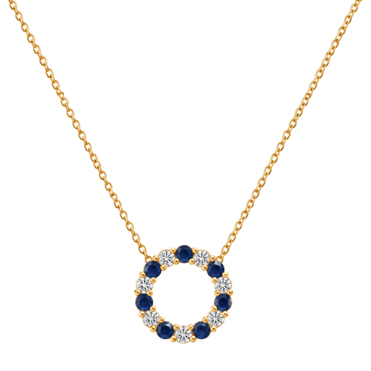 18ct yellow gold sapphire and diamond circle necklace featuring 0.69ct of brilliant cut sapphires and 0.55ct of sparkling round brilliant cut diamonds