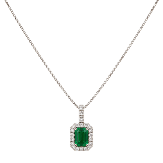 Platinum emerald and diamond cluster pendant featuring a 0.95ct emerald gemstone surrounded by 0.38ct of sparkling round brilliant cut diamonds