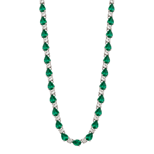 18ct white gold emerald and diamond necklace featuring 8.78ct of pear shaped emeralds alternating with 2.77ct of round brilliant cut diamonds