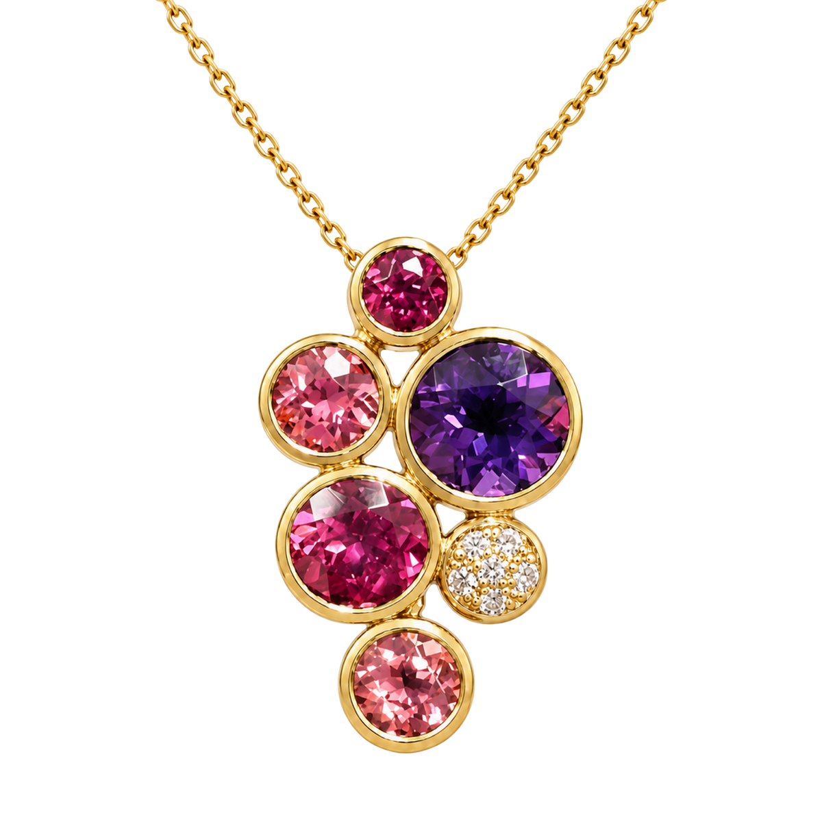 Amethyst, Pink Tourmaline, Rhodolite Garnet and Diamond Bubble Pendant in 18ct Rose Gold