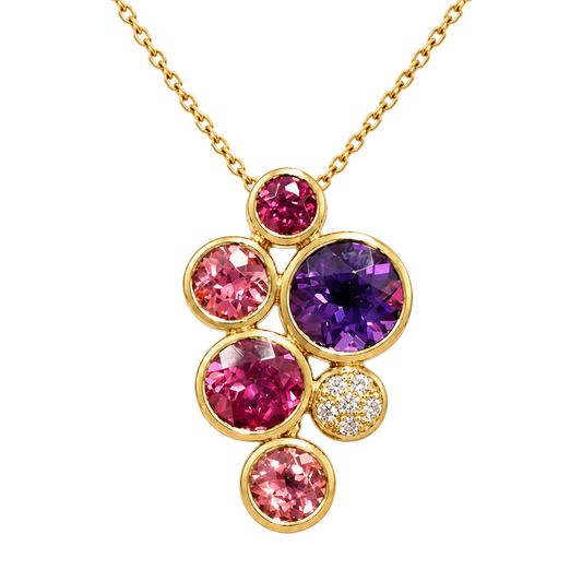 Amethyst, Pink Tourmaline, Rhodolite Garnet and Diamond Bubble Pendant in 18ct Rose Gold