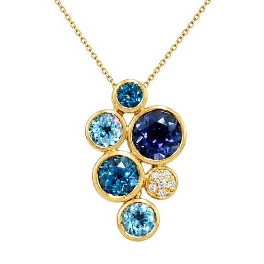 Iolite, Blue Topaz, London Blue Topaz and Diamond Bubble Pendant in 18ct Yellow Gold