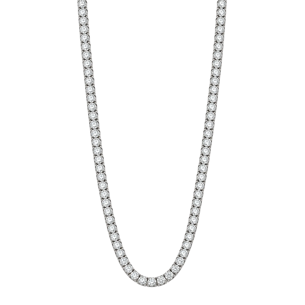 18ct white gold diamond tennis necklace featuring 5.66ct of round brilliant cut diamonds in a classic four claw setting