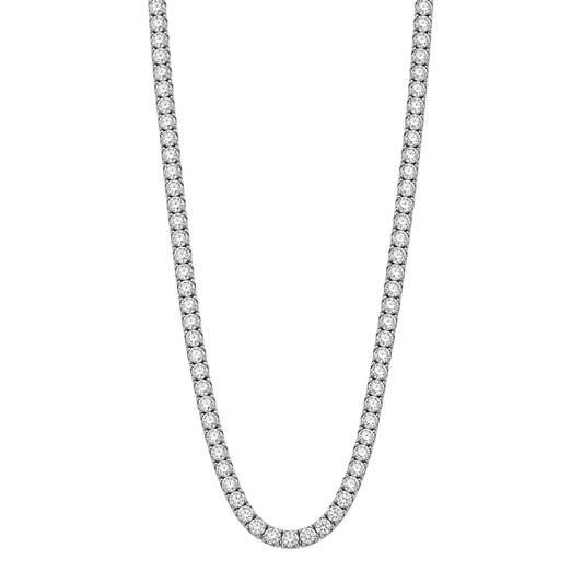 18ct white gold diamond tennis necklace featuring 5.66ct of round brilliant cut diamonds in a classic four claw setting