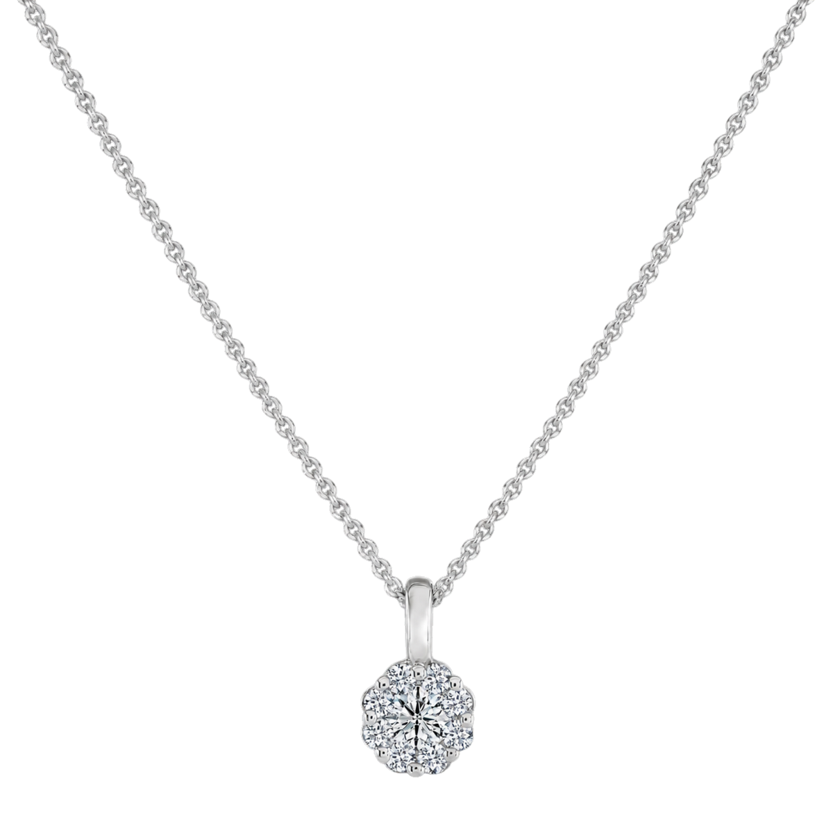 Discover the 18ct White Gold Diamond Cluster Pendant, featuring 0.20ct of natural round brilliant-cut diamonds in an elegant cluster design.