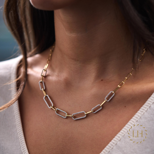Model Wearing Large Link Necklace with Diamonds in 18ct Yellow Gold