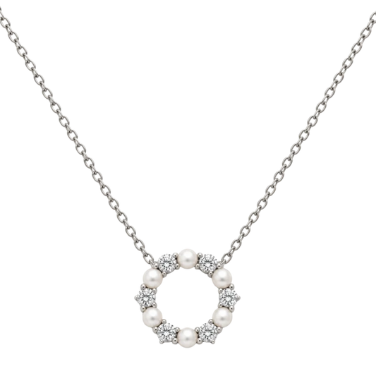 18ct white gold freshwater pearl and diamond pendant featuring 0.58ct of brilliant cut diamonds secured in elegant claw settings