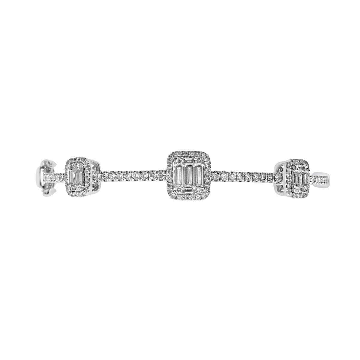 Baguette and Round Brilliant-Cut Diamond Halo Bangle in 18ct White Gold Flat on a Transparent Background.