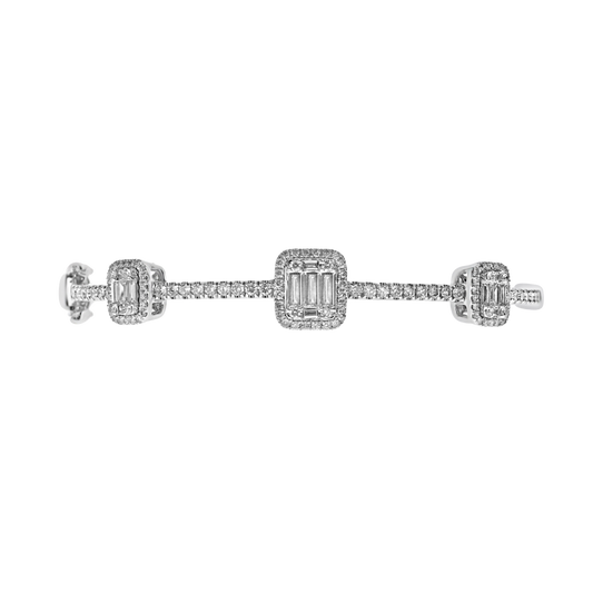 Baguette and Round Brilliant-Cut Diamond Halo Bangle in 18ct White Gold Flat on a Transparent Background.