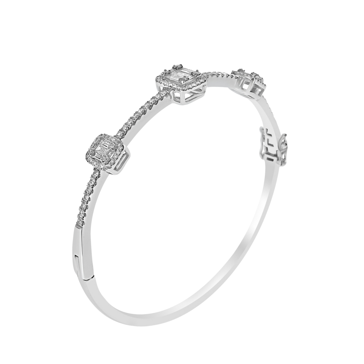 Baguette and Round Brilliant-Cut Diamond Halo Bangle in 18ct White Gold Full View 