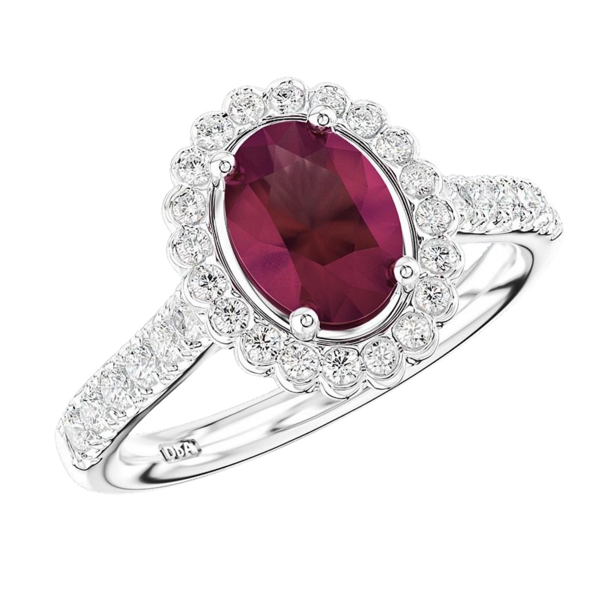 Rich in colour and beautifully detailed, this Platinum Ruby and Diamond Cluster Ring showcases a captivating 1.04ct ruby at the heart of its design.