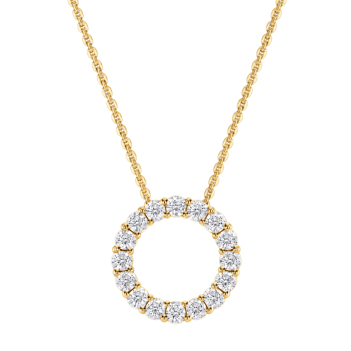18ct yellow gold diamond circle necklace showcasing 2.12ct of round brilliant cut diamonds in a striking large pendant design