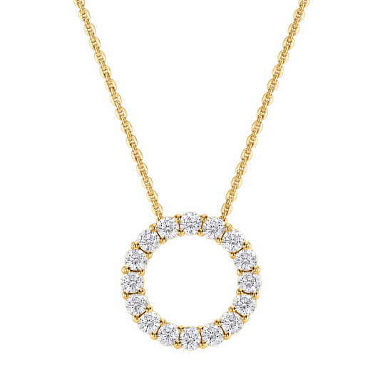 18ct yellow gold diamond circle necklace showcasing 2.12ct of round brilliant cut diamonds in a striking large pendant design
