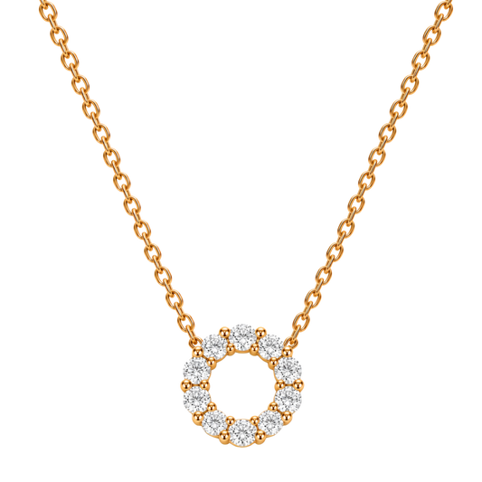 18ct yellow gold diamond circle pendant necklace featuring 0.42ct of round brilliant cut diamonds on a delicate gold chain