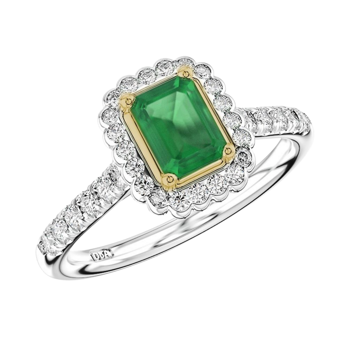 Platinum & Yellow Gold Emerald Cut Emerald & Diamond Cluster Ring