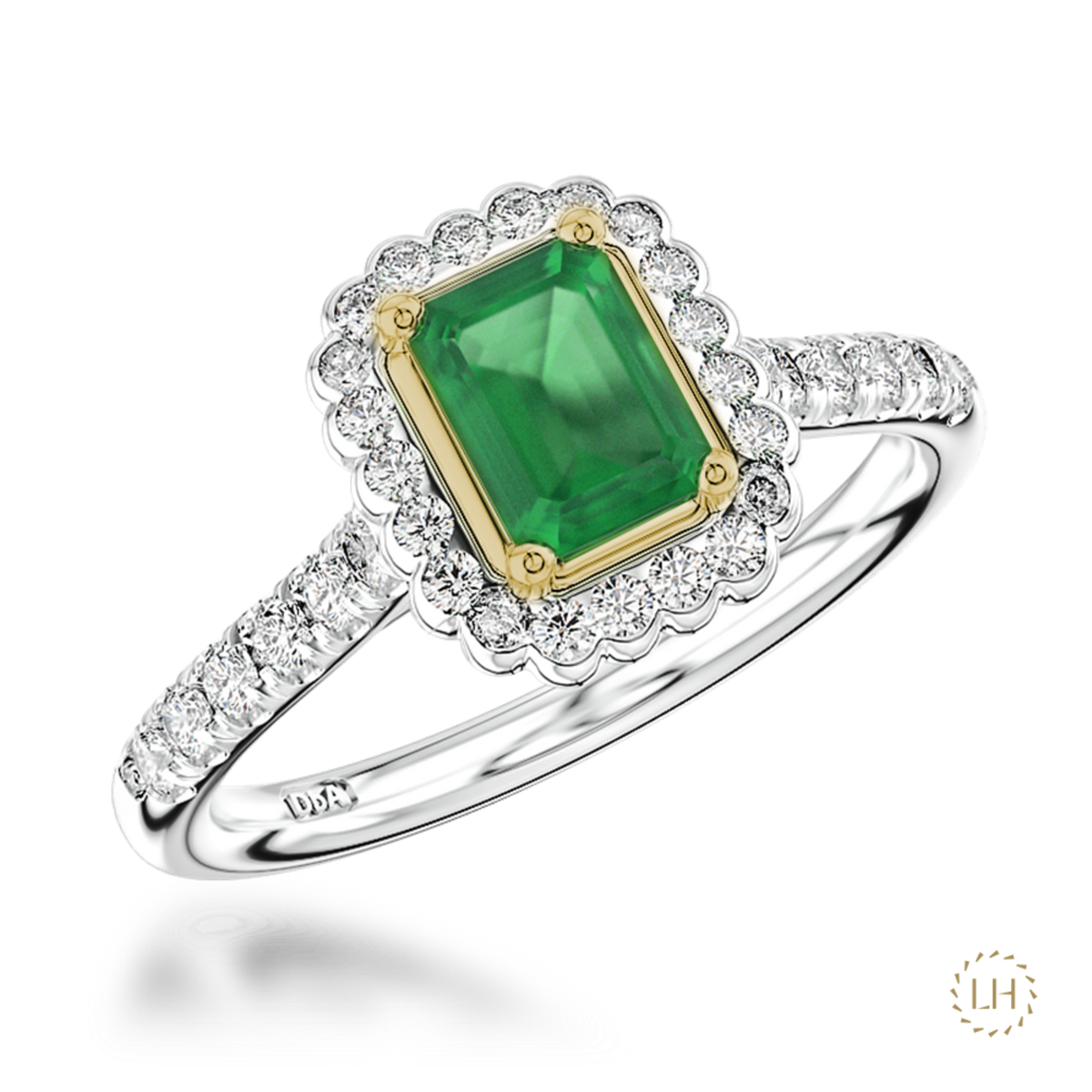 Platinum & Yellow Gold Emerald Cut Emerald & Diamond Cluster Ring