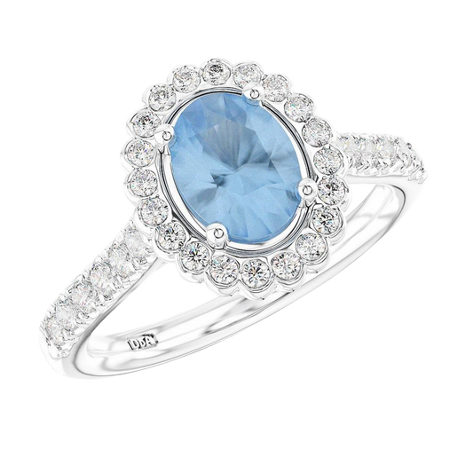 Platinum Oval Cut Aquamarine & Diamond Cluster Ring, featuring a 3.58ct aquamarine surrounded by 0.50ct of sparkling diamonds.