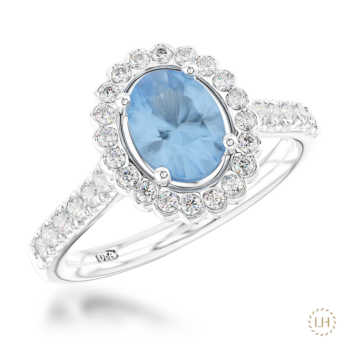 Platinum Oval Cut Aquamarine & Diamond Cluster Ring, featuring a 3.58ct aquamarine surrounded by 0.50ct of sparkling diamonds.
