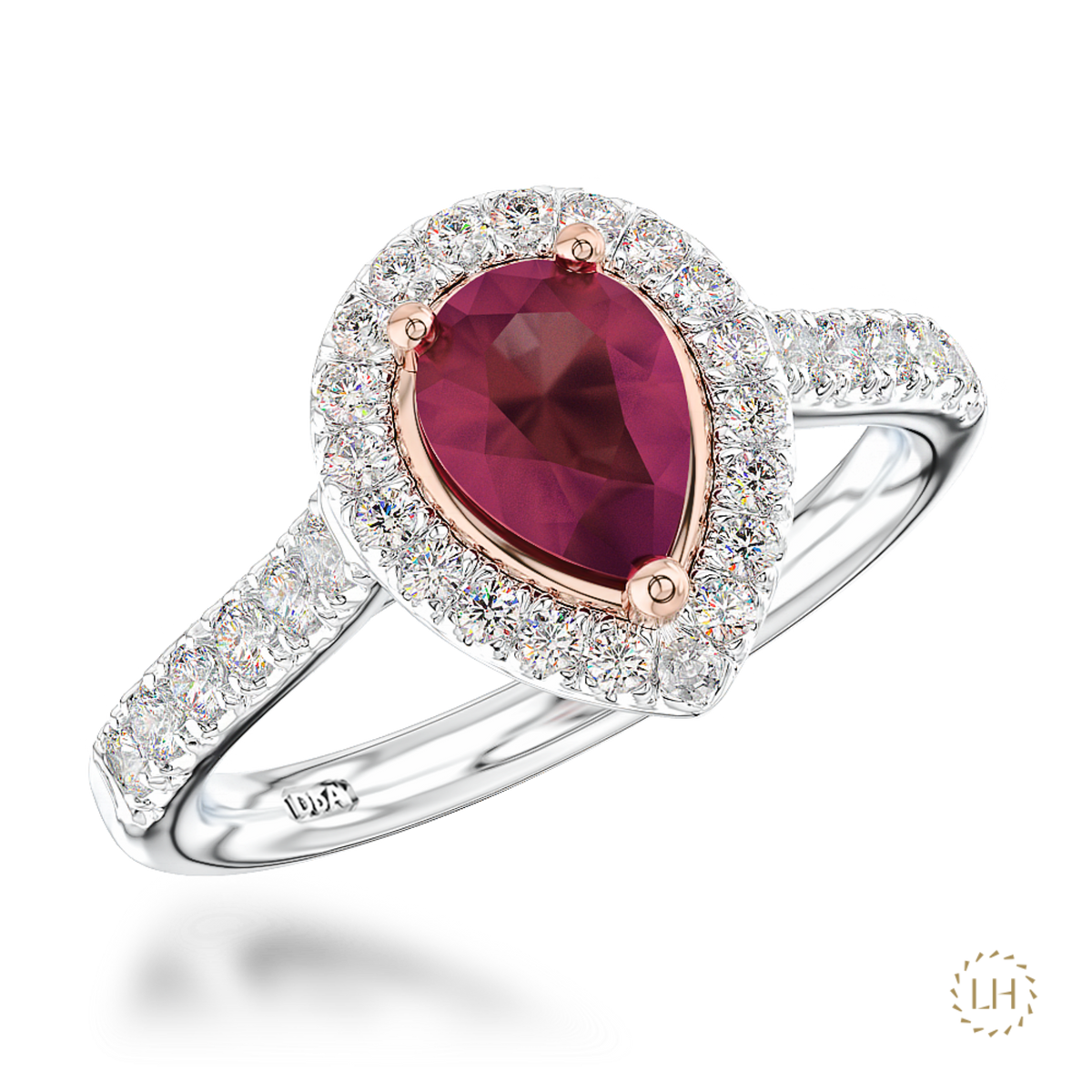 Platinum & Rose Gold Pear Ruby and Diamond Ring