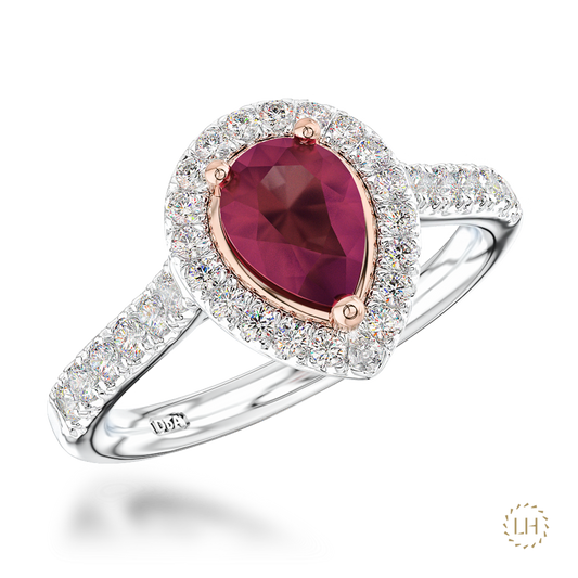 Platinum & Rose Gold Pear Ruby and Diamond Ring