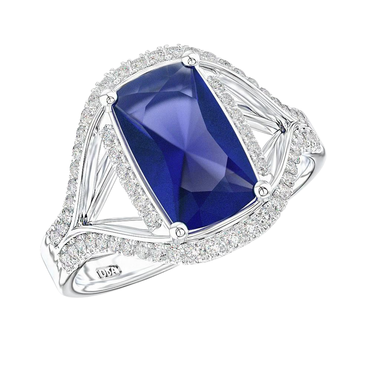 Platinum Sapphire & Diamond Cluster Ring, featuring a 2.23ct cushion-cut sapphire surrounded by 0.33ct of round brilliant-cut diamonds.