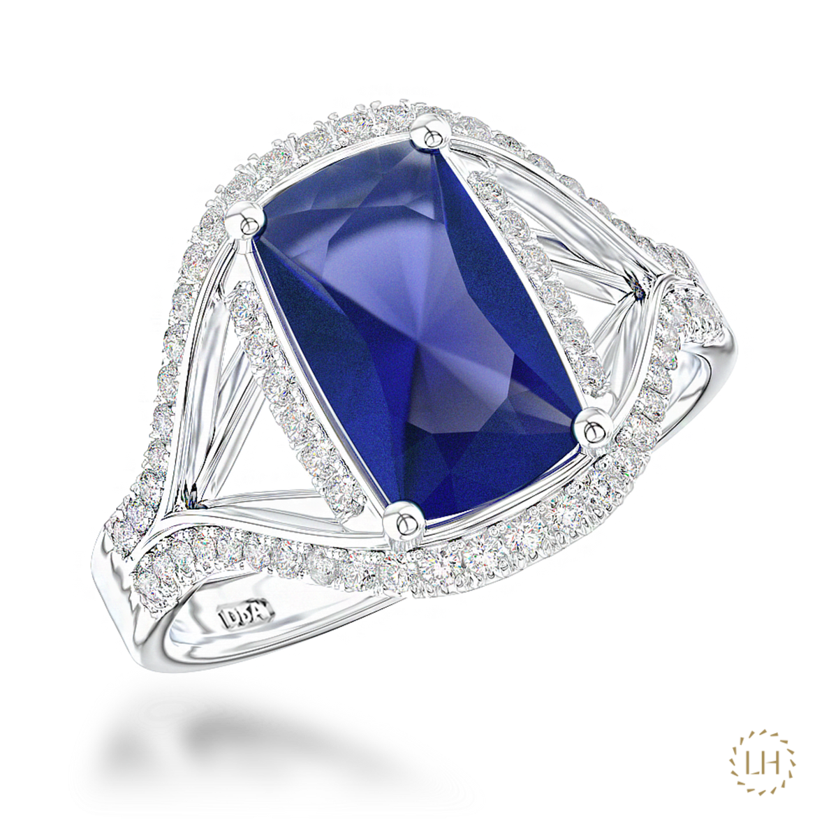 Platinum Sapphire & Diamond Cluster Ring, featuring a 2.23ct cushion-cut sapphire surrounded by 0.33ct of round brilliant-cut diamonds.