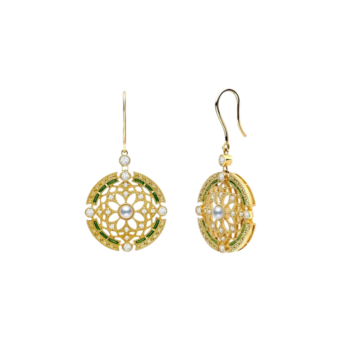 Mikimoto Green Enamel and Diamond Earrings in 18ct Yellow Gold
