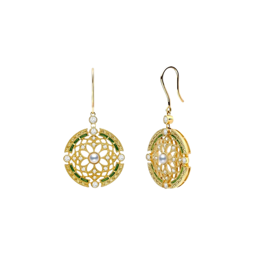 Mikimoto Green Enamel and Diamond Earrings in 18ct Yellow Gold