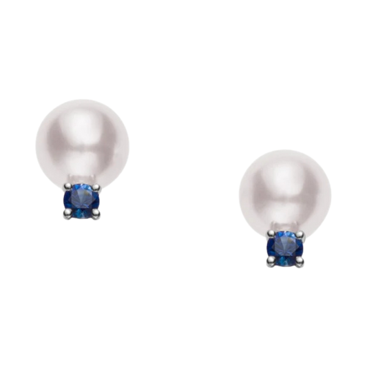 Mikimoto 8mm Akoya Pearl & Sapphire Stud Earrings in 18ct White Gold