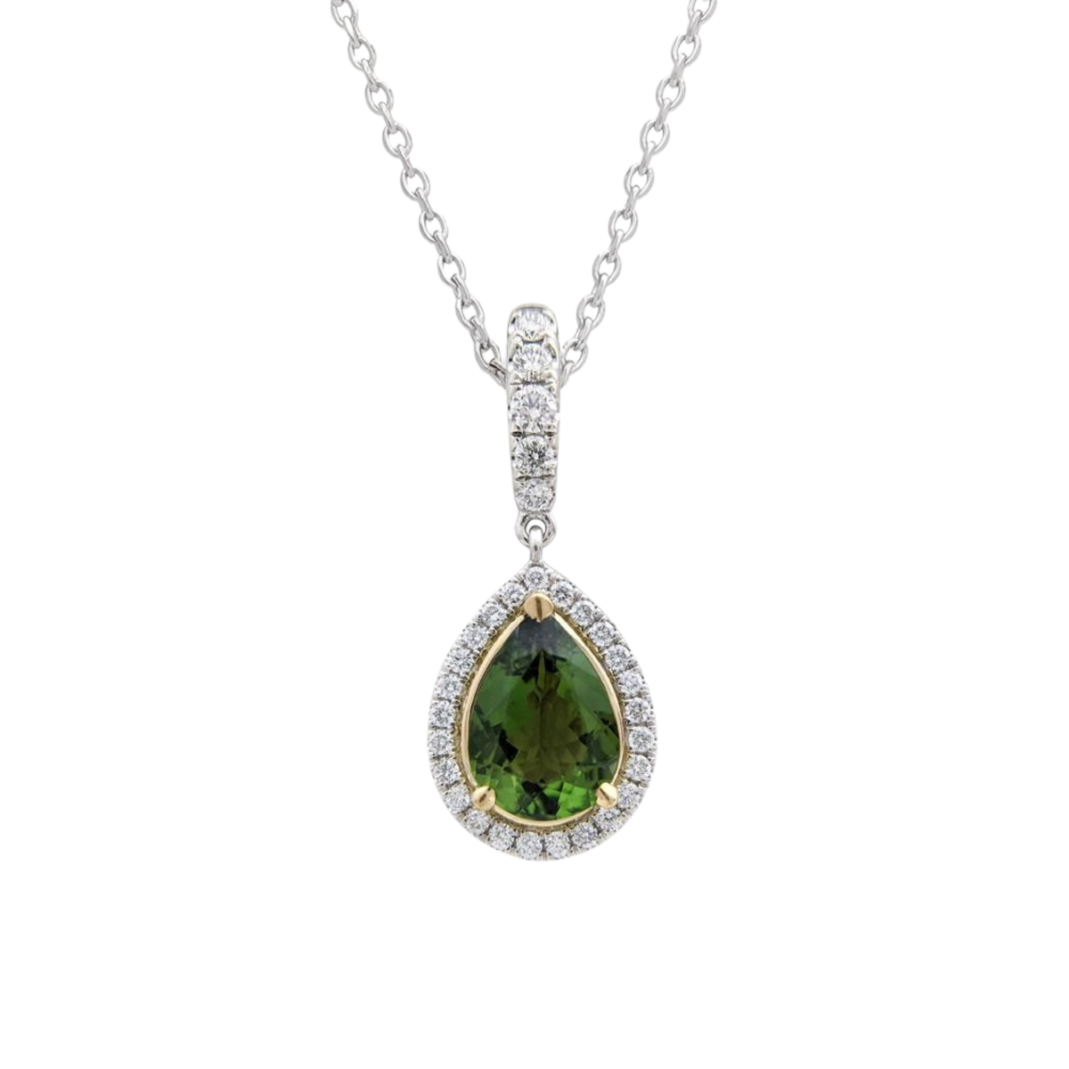 Platinum & Yellow Gold Chrome Tourmaline Diamond Necklace on a Transparent Background