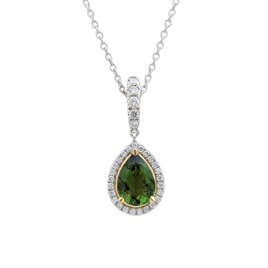 Platinum & Yellow Gold Chrome Tourmaline Diamond Necklace on a Transparent Background
