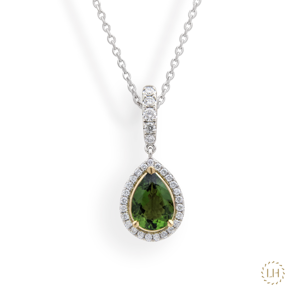 Platinum & Yellow Gold Chrome Tourmaline Diamond Necklace on a Transparent Background