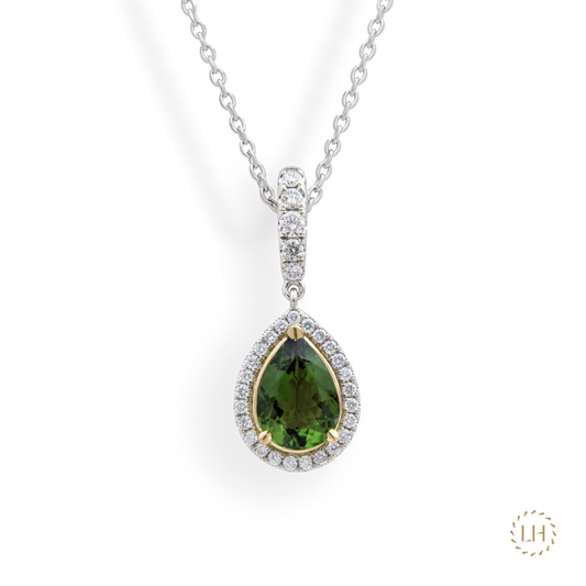 Platinum & Yellow Gold Chrome Tourmaline Diamond Necklace on a Transparent Background