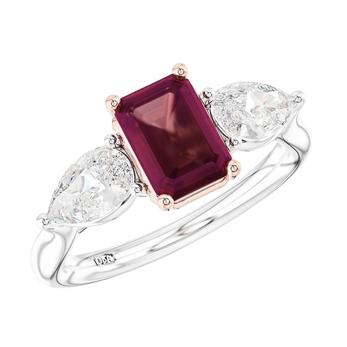 Platinum Emerald Cut Diamond Three Stone Ring, featuring a 1.51ct emerald-cut centre diamond complemented by two pear-shaped diamonds totalling 0.80ct.