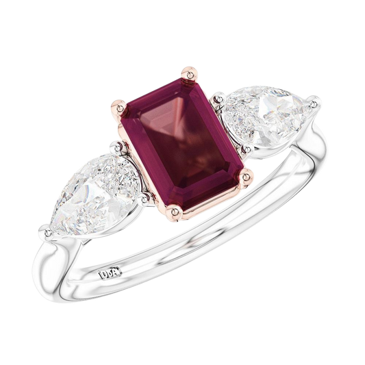Platinum Emerald Cut Diamond Three Stone Ring, featuring a 1.51ct emerald-cut centre diamond complemented by two pear-shaped diamonds totalling 0.80ct.