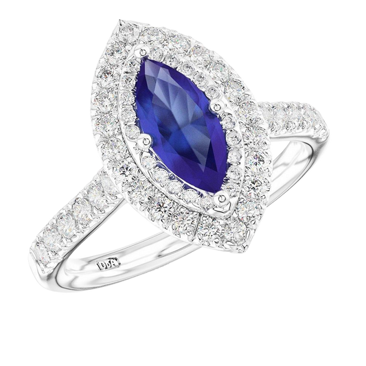 Cluster Marquise cut Sapphire engagement ring in a Platinum Claw Set on a Platinum Diamond Band Total diamond weight: 0.88ct